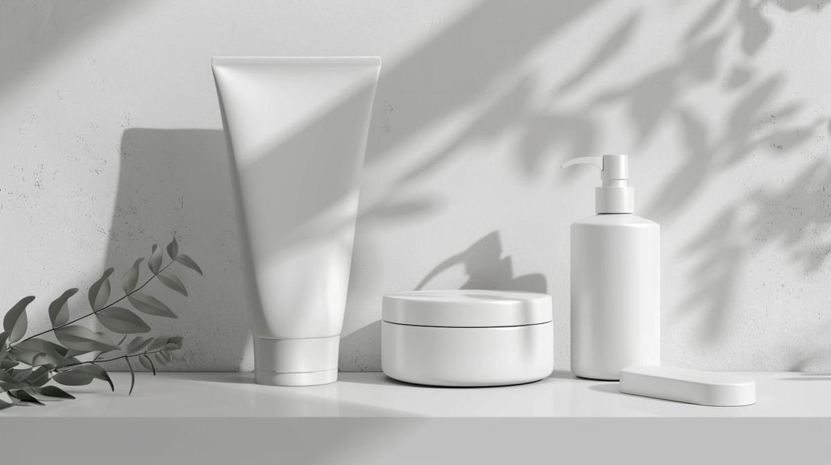 Produtos de cuidados com a pele organizados em uma prateleira branca